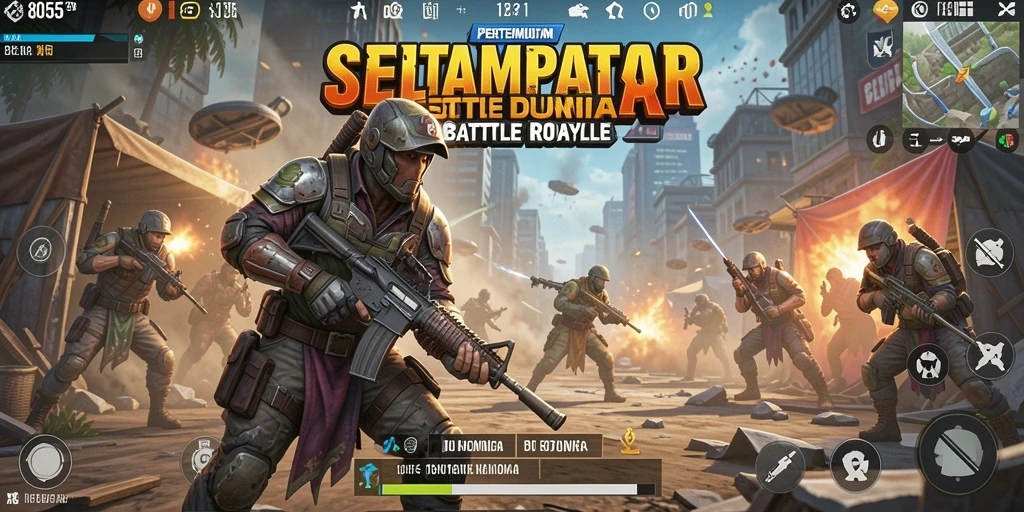 Screenshot gameplay 8055 menampilkan pertempuran seru di pulau.