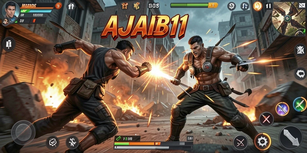 Screenshot AJAIB11 menampilkan karakter beraksi dalam pertarungan intens.