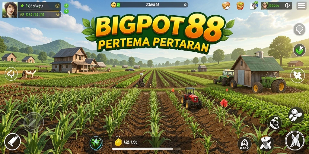 Tangkapan layar gameplay BIGPOT88 menunjukkan aktivitas bertani yang dinamis.