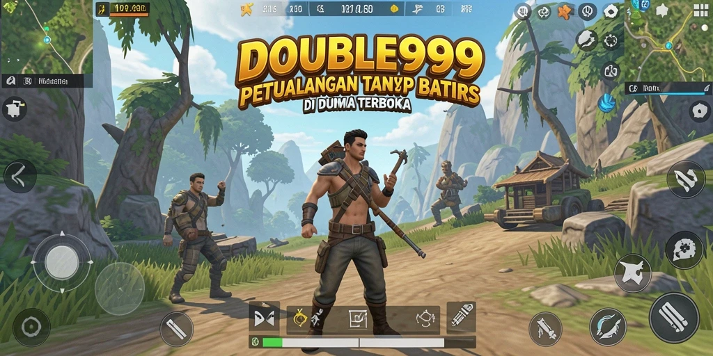 Screenshot DOUBLE999 menunjukkan karakter menjelajahi dunia terbuka yang luas.