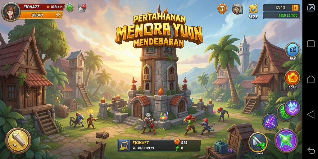 Screenshot gameplay FIONA77 menampilkan aksi pertahanan menara yang intens.