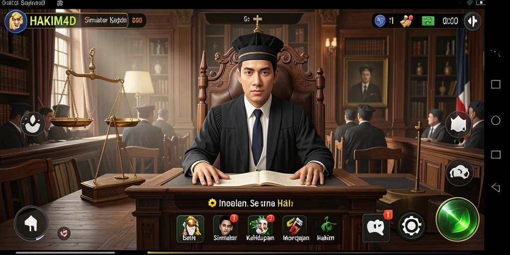 Tampilan gameplay HAKIM4D dengan interaksi karakter di ruang sidang.