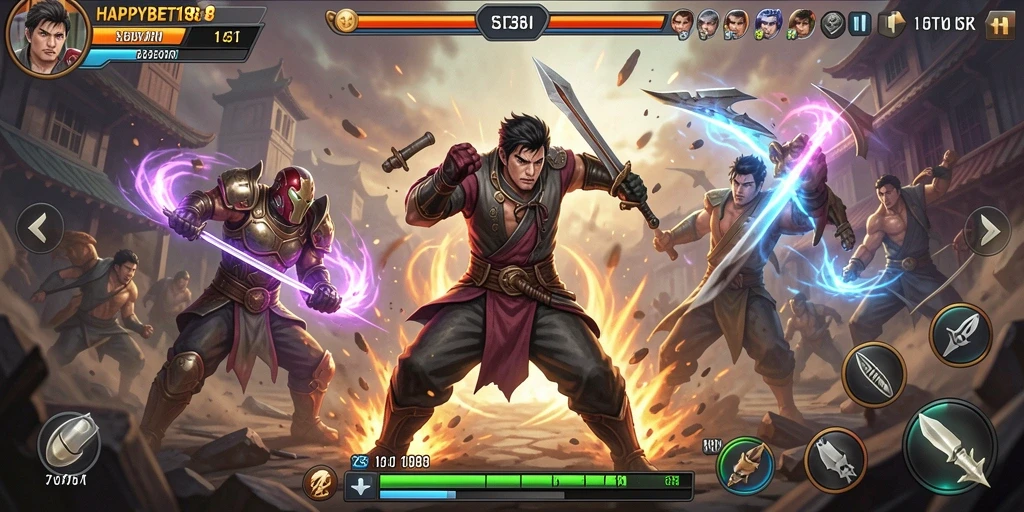 Screenshot dari gameplay <strong>HAPPYBET188</strong> yang menampilkan pertarungan yang intens.