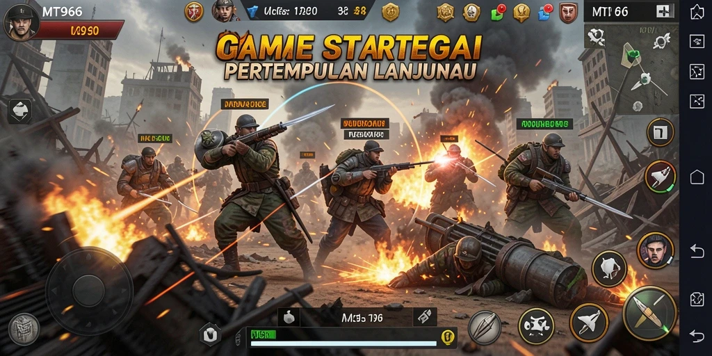 Tangkapan layar utama MT966 menampilkan aksi pertempuran yang mendebarkan dalam game SLG.
