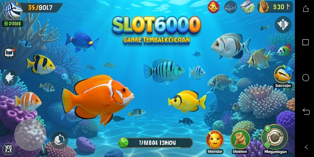 Screenshot gameplay SLOT6000 menampilkan aksi seru menembak ikan.
