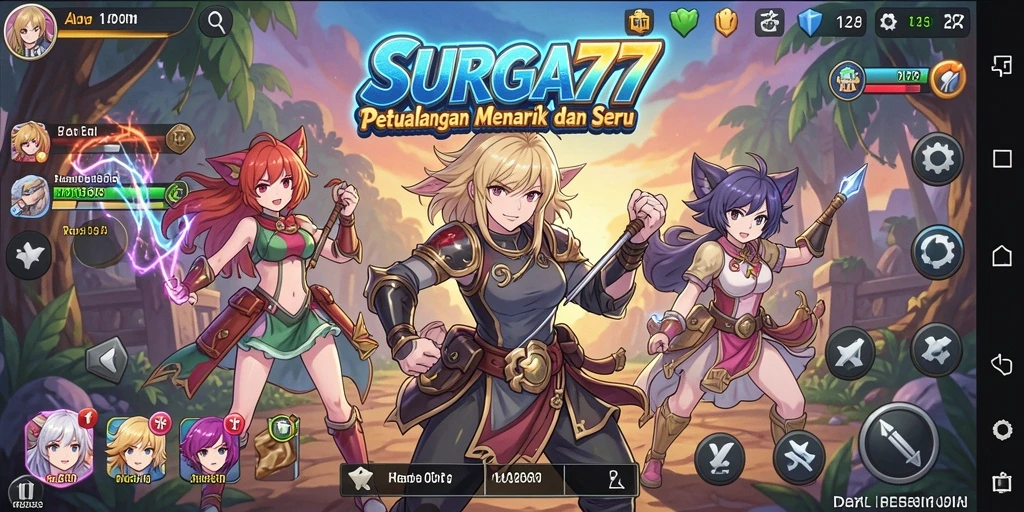 Gambaran menakjubkan dari gameplay SURGA77 dengan karakter anime yang dinamis.