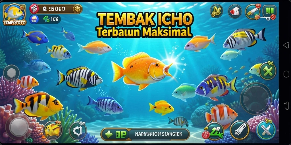 Tampilan screenshot utama TEMPOTOTO menunjukkan aksi seru menembak ikan.