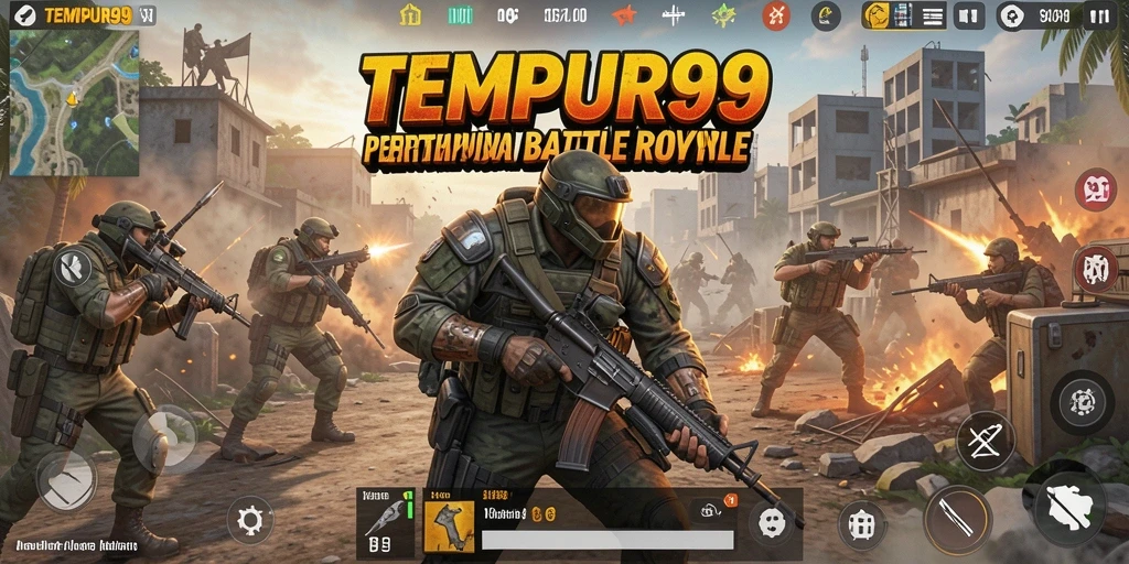 Tampilan gameplay TEMPUR99 yang mendebarkan dalam pertempuran Battle Royale.