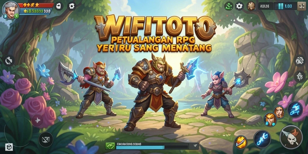 Screenshot gameplay WIFITOTO dengan karakter beraksi di medan perang RPG.